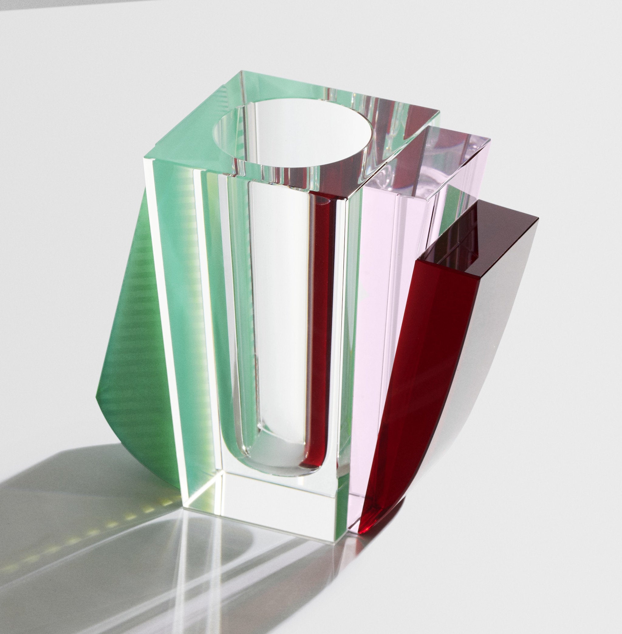 Crystal vase in mint green, rose pink and green tones
